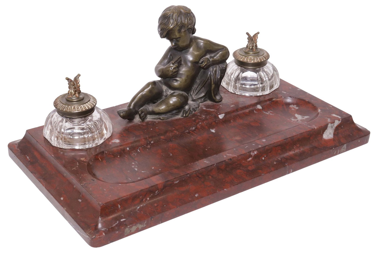 FRENCH BRONZE CHERUB & ROUGE MARBLE DOUBLE-INKWELL DESK STAND (1 of 5)