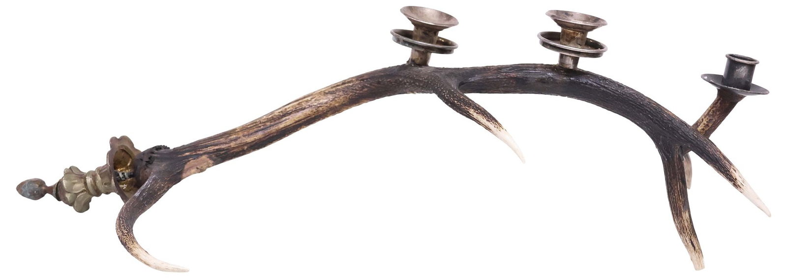 LARGE RUSTIC SILVERPLATE & DEER ANTLER 3-LIGHT CANDLE HOLDER: Rustic three-light candle holder, fashioned from a six-point deer antler, mounted with three candle cups, one varied, and a metal end piece with finial, adhesive to endpiece and finial at join, approx