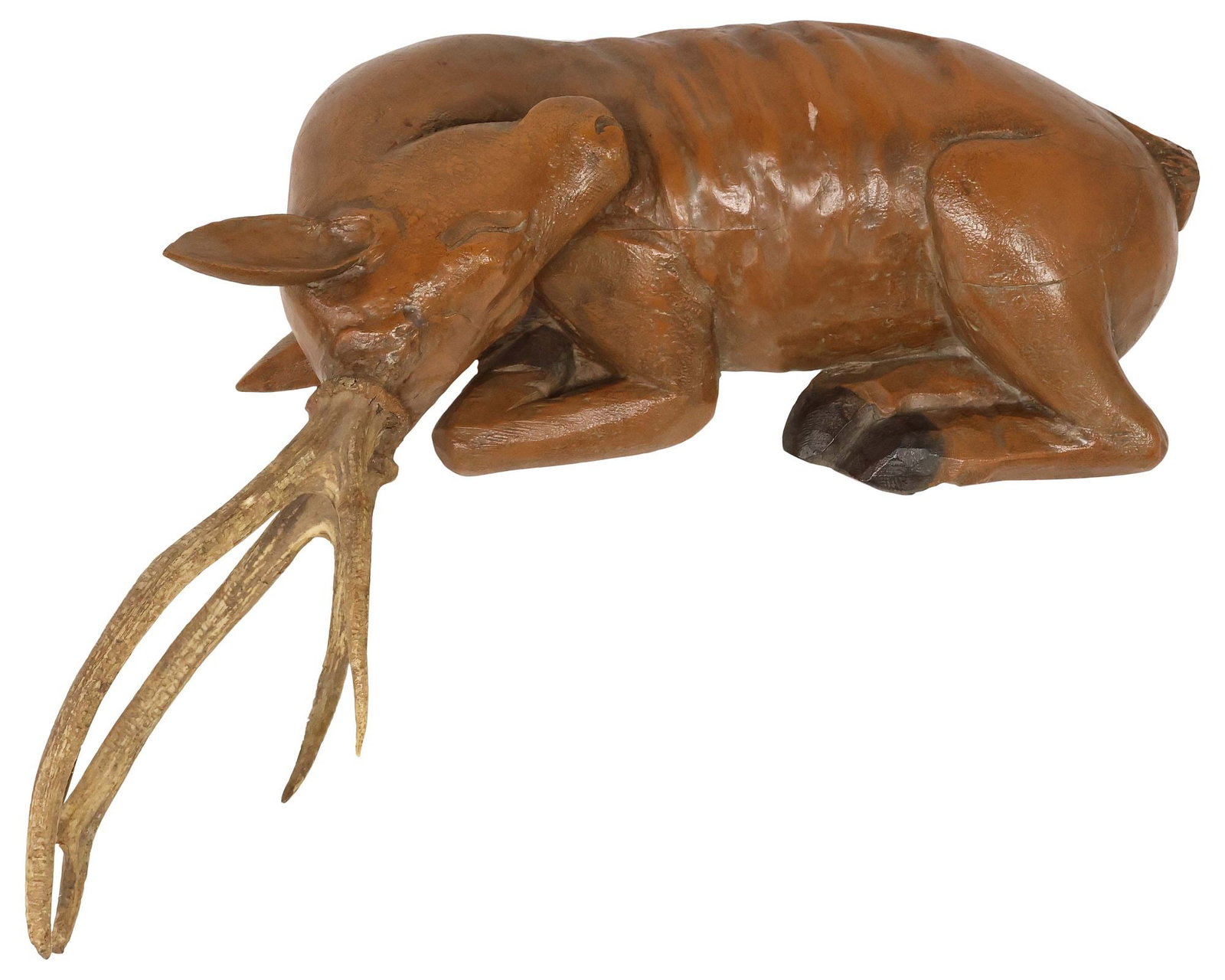 LARGE CHINESE CARVED WOOD SCULPTURE, RECLINING DEER WITH NATURAL ANTLERS (1 of 6)
