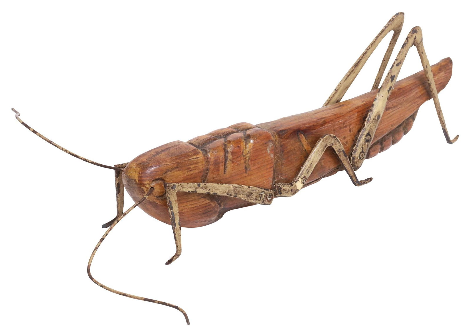 LARGE SARREID LTD (ATTRIB) SPAIN CARVED WOOD & METAL GRASSHOPPER FIGURE, 20"L (1 of 4)
