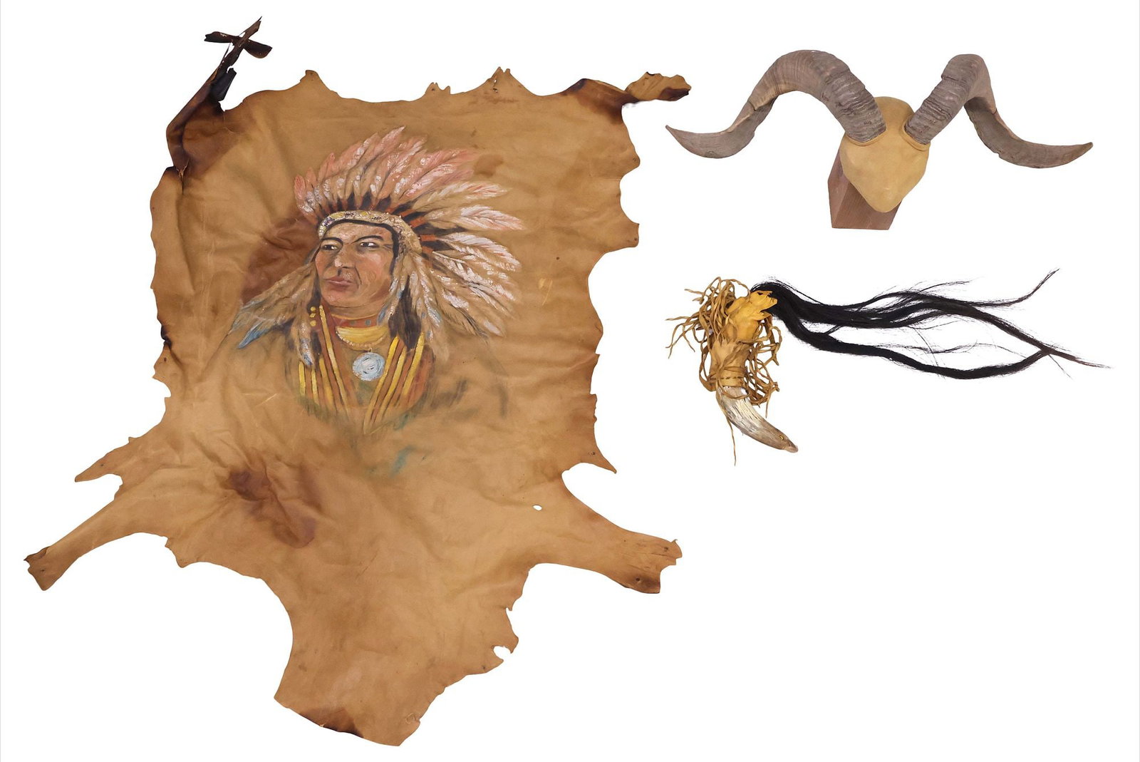 (3) RUSTIC WESTERN STYLE GROUP: EAGLE CARVING, HIDE PAINTING & RAM'S HORN MOUNT (1 of 9)