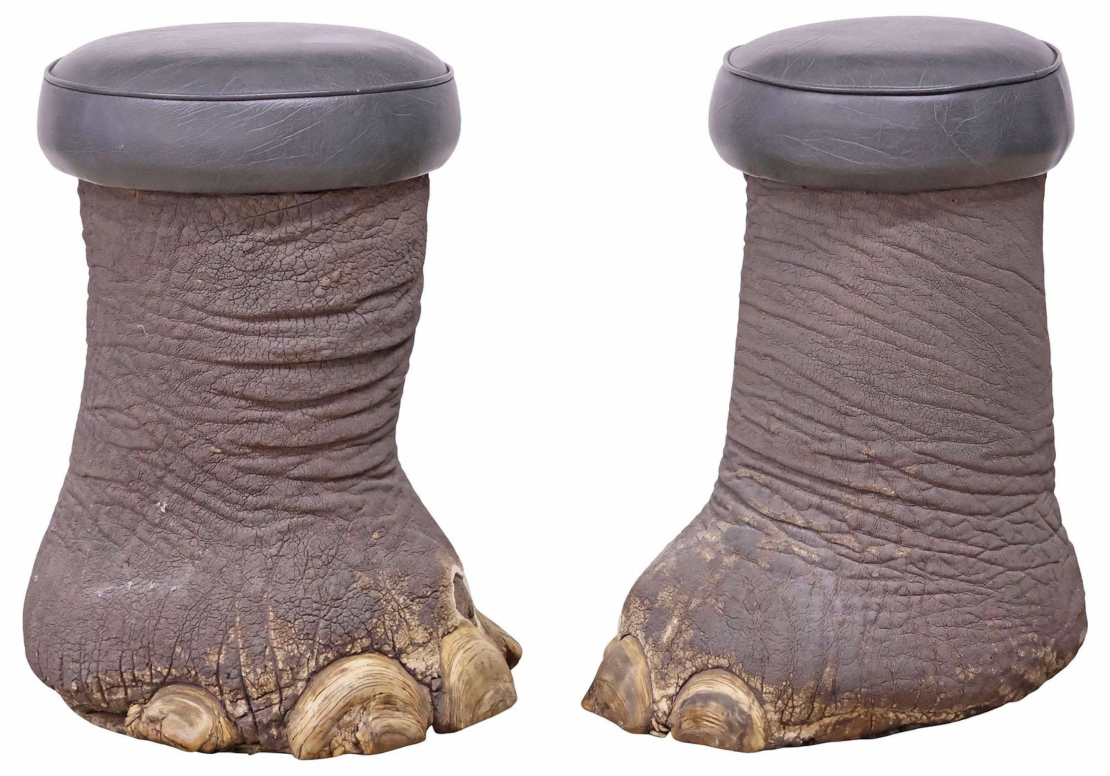 (2) LARGE FAUX TAXIDERMY ELEPHANT FOOT STOOLS WITH LEATHER SEATS (1 of 5)