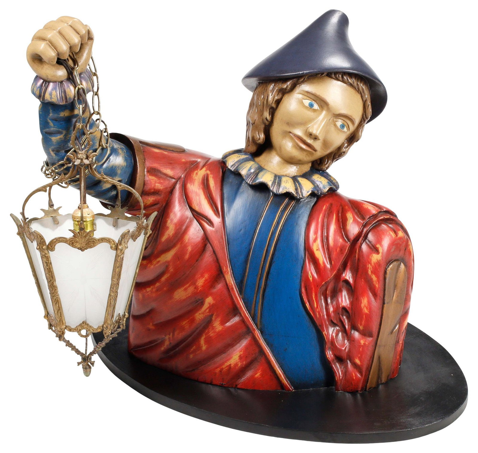 POLYCHROMED FIGURAL BUST OF A JESTER WITH BRASS LANTERN, 24"H (1 of 5)