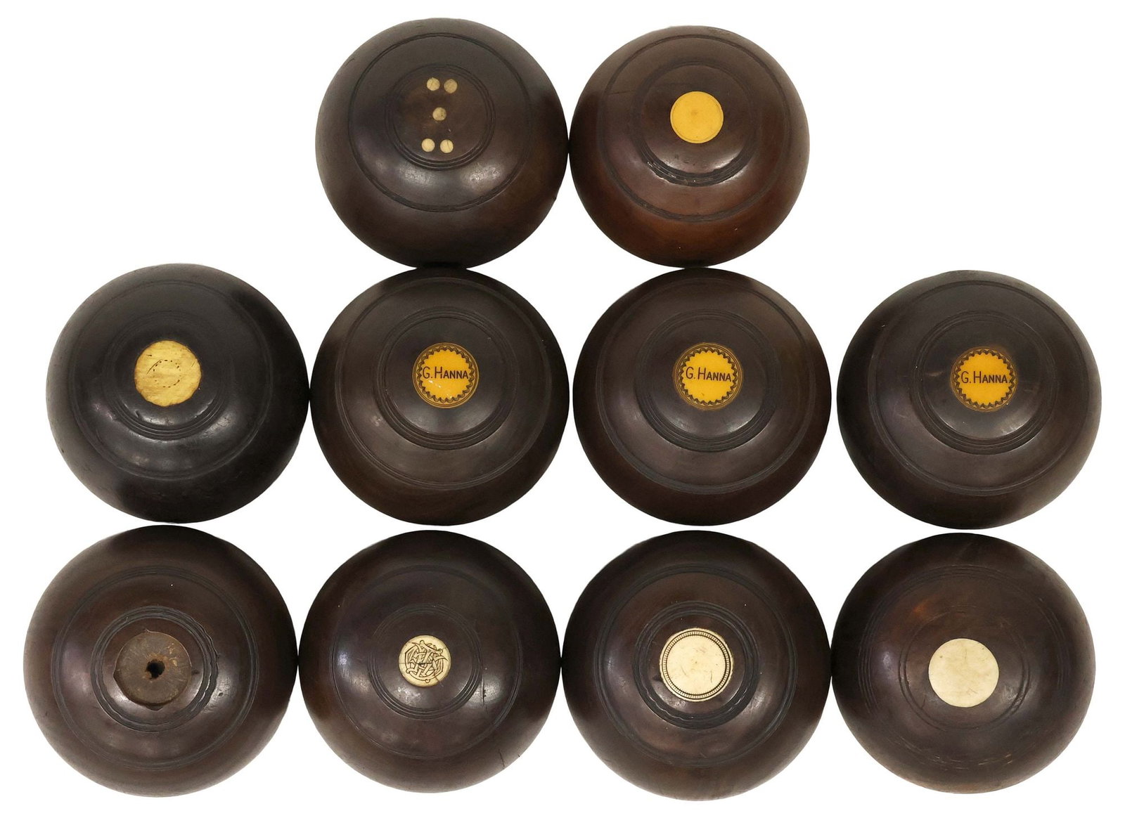 (10) ANTIQUE INLAID CARVED HARDWOOD BOCCE BALLS, 4 THOMAS TAYLOR, GLASGOW (1 of 5)