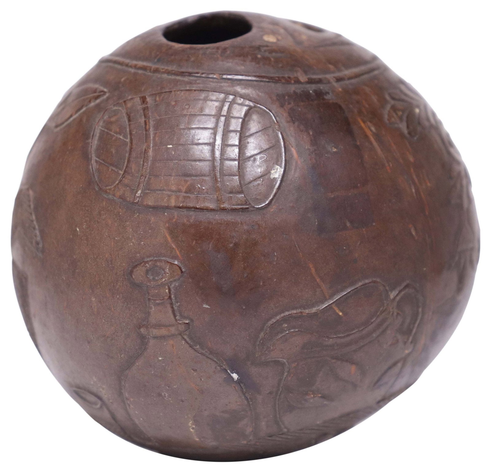 COLONIAL PERIOD CARVED COCONUT SHELL 'BUGBEAR' POWDER FLASK (1 of 4)