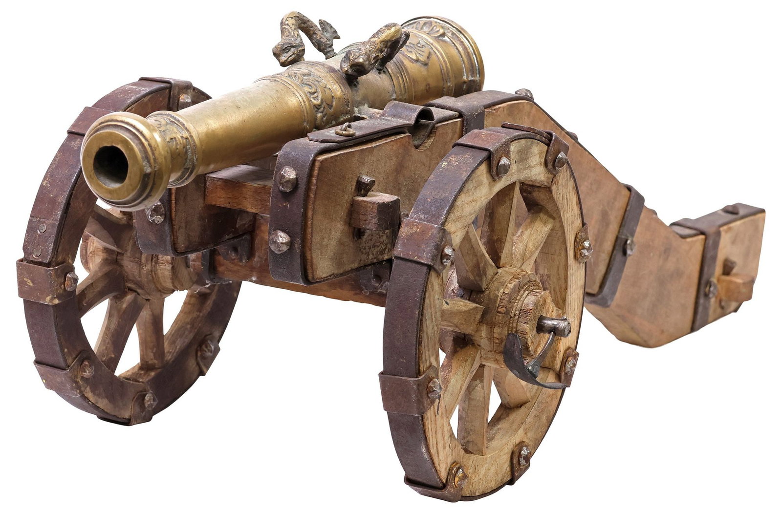 MINIATURE BRONZE ARTILLERY CANNON ON IRON-BOUND CARRIAGE (1 of 5)