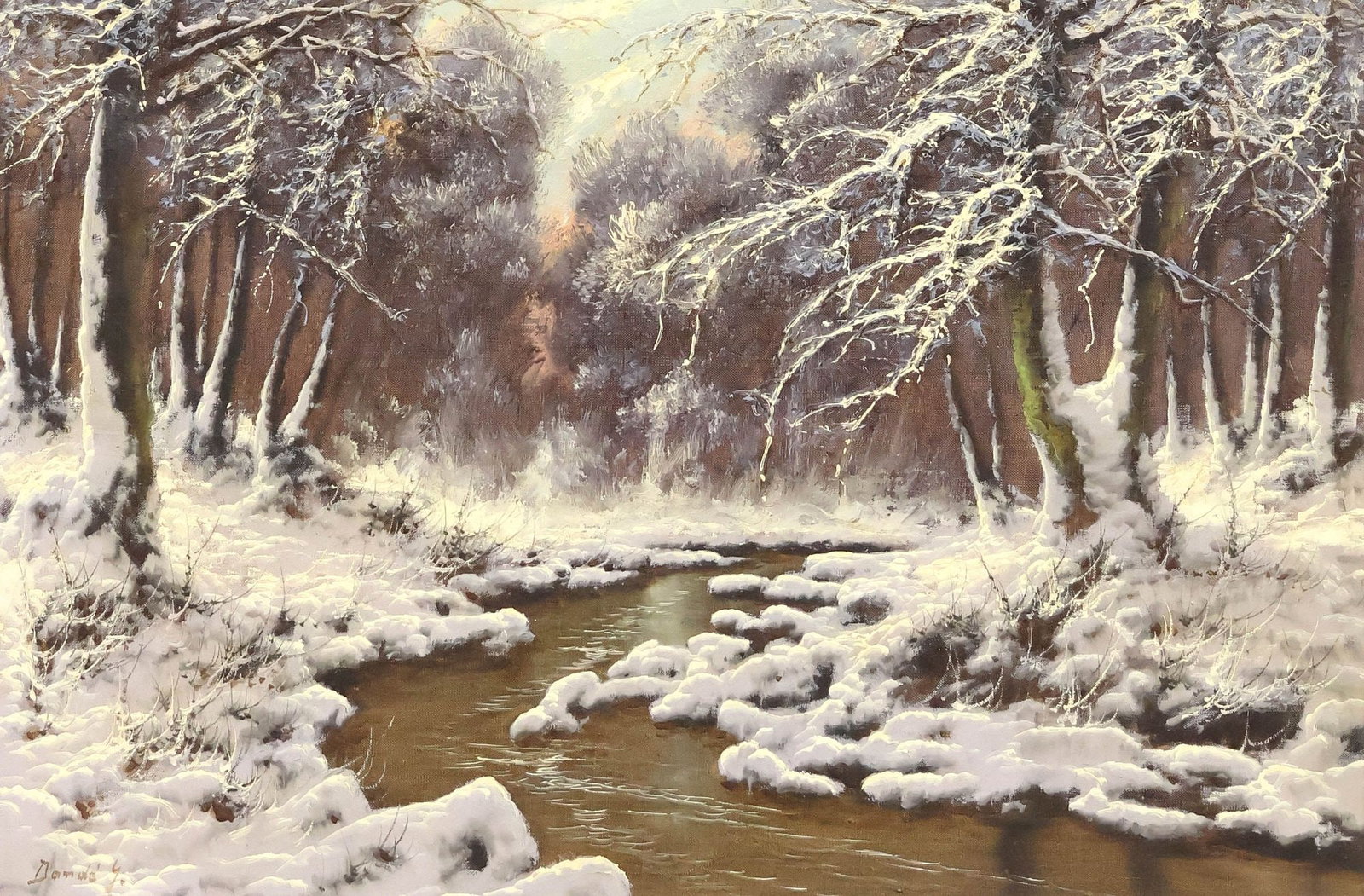 JOSEPH DANDE (1911-1969) OIL PAINTING, WINTER FOREST RIVERSCAPE (1 of 6)