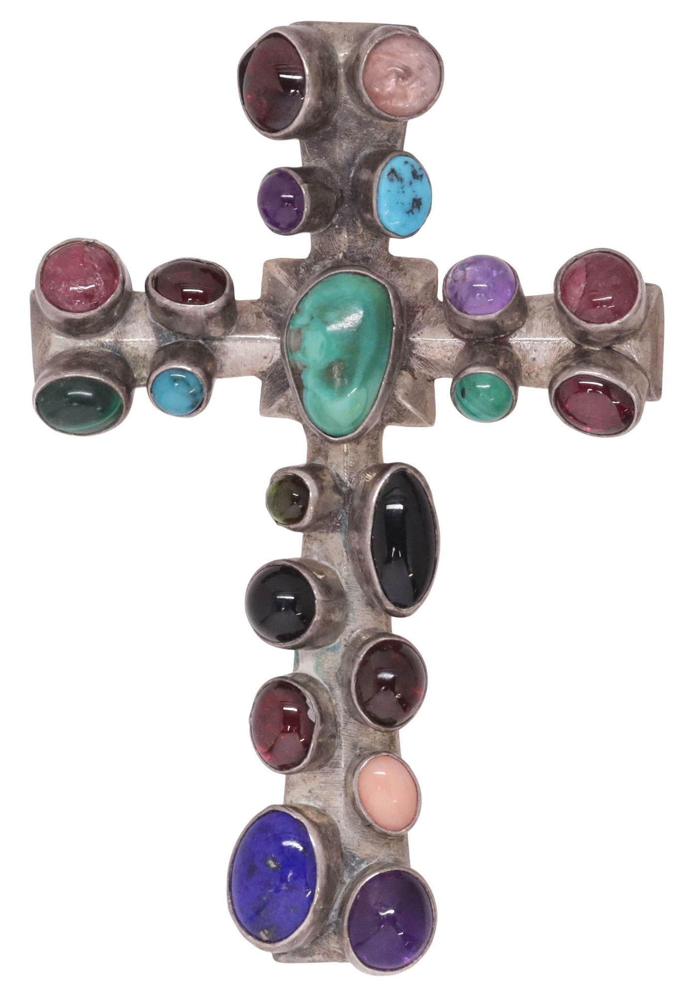 LARGE NATIVE AMERICAN STERLING GEMSET CROSS PENDANT, NAKAI , 61.9 GRAMS (1 of 3)