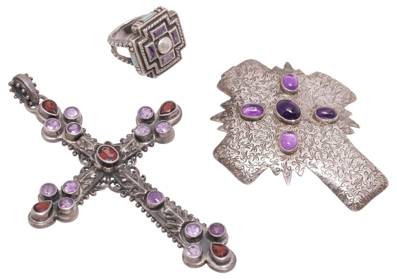 (3) SOUTHWEST & STYLE SILVER & STONE CROSS-FORM JEWELRY: (lot of 3) Southwest and style silver and stone cross-form jewelry: (1) cross pendant, Jane Mason, Santa Fe, finely worked, fitted with four purple cabochons, likely amethyst, signed, marked 925, appr