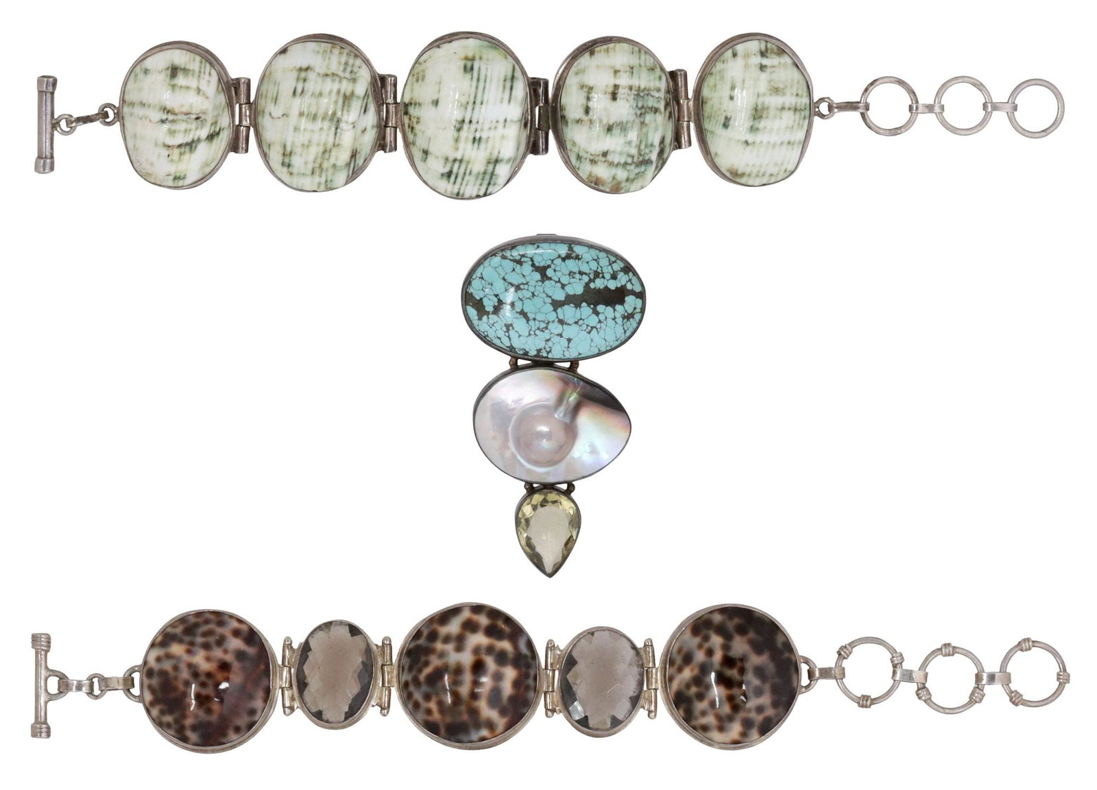 (3) ESTATE ARTISAN STERLING GEMSTONE & SHELL BRACELETS & PENDANT (1 of 6)