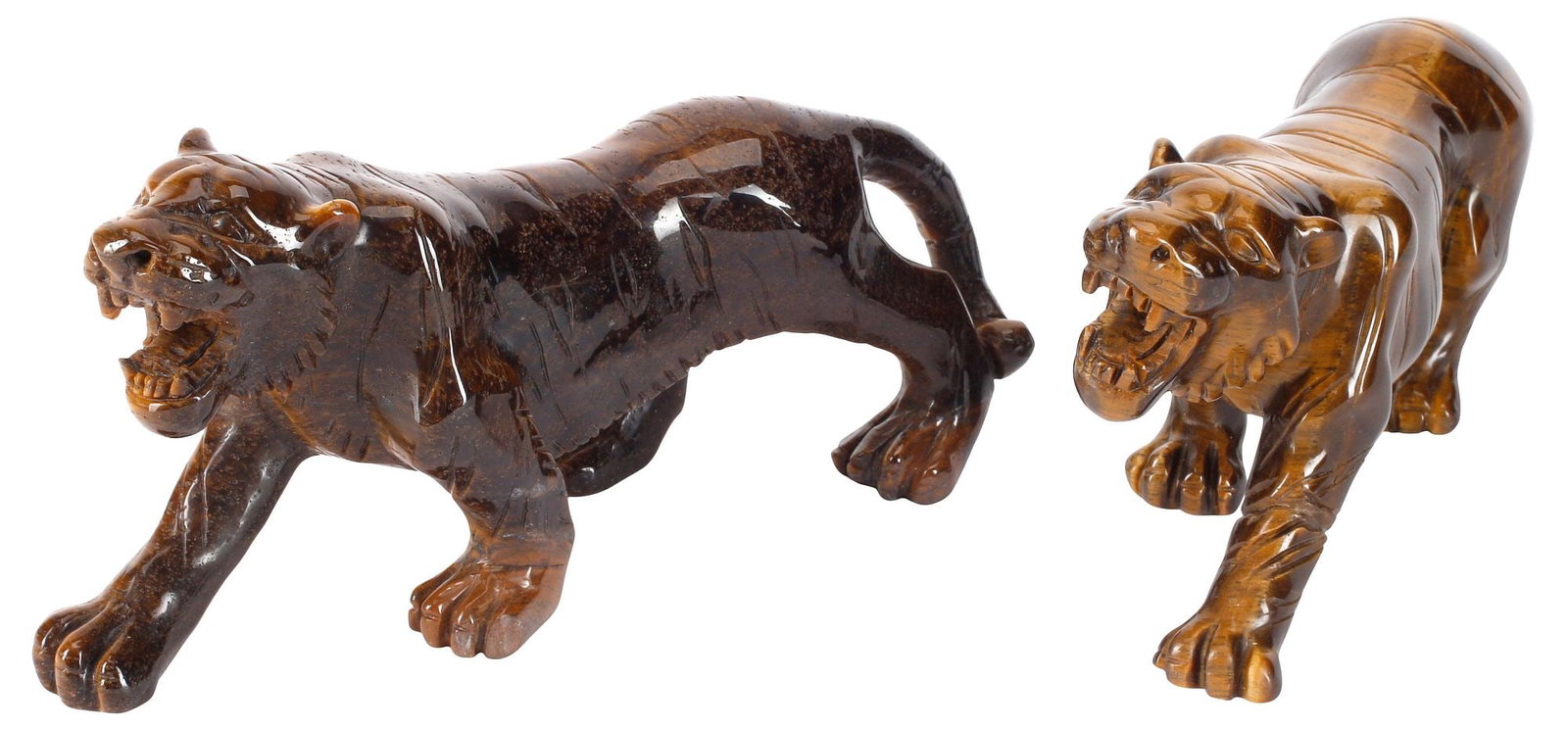 (2) CARVED TIGER'S EYE HARDSTONE ROARING TIGER SCULPTURES (1 of 4)