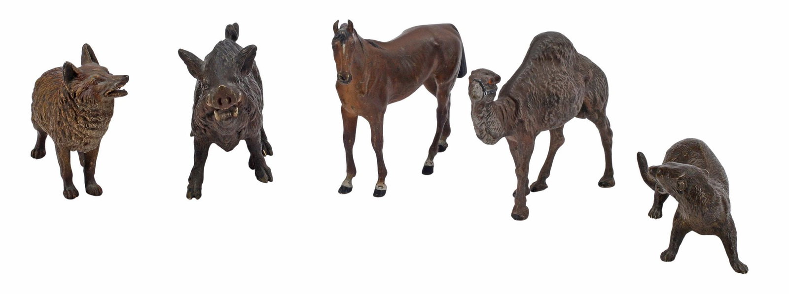 (5) AUSTRIAN COLD-PAINTED BRONZE WILDLIFE ANIMAL FIGURES: (lot of 5) Austrian cold-painted bronze animal figures, late 19th c., including: (1) wolf, (1) horse, (1) camel, (1) boar, (1) wolverine, largest: approx 5"h, 6"w, 1.5"d, 8.75lbs total