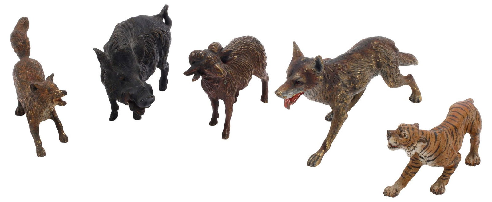 (5) AUSTRIAN COLD-PAINTED BRONZE WILDLIFE ANIMAL FIGURES: (lot of 5) Austrian cold-painted bronze animal figures, including: (2) wolves, (1) boar, (1) ram, (1) tiger, largest: approx 3"h, 1"w, 5"d, 3lbs total