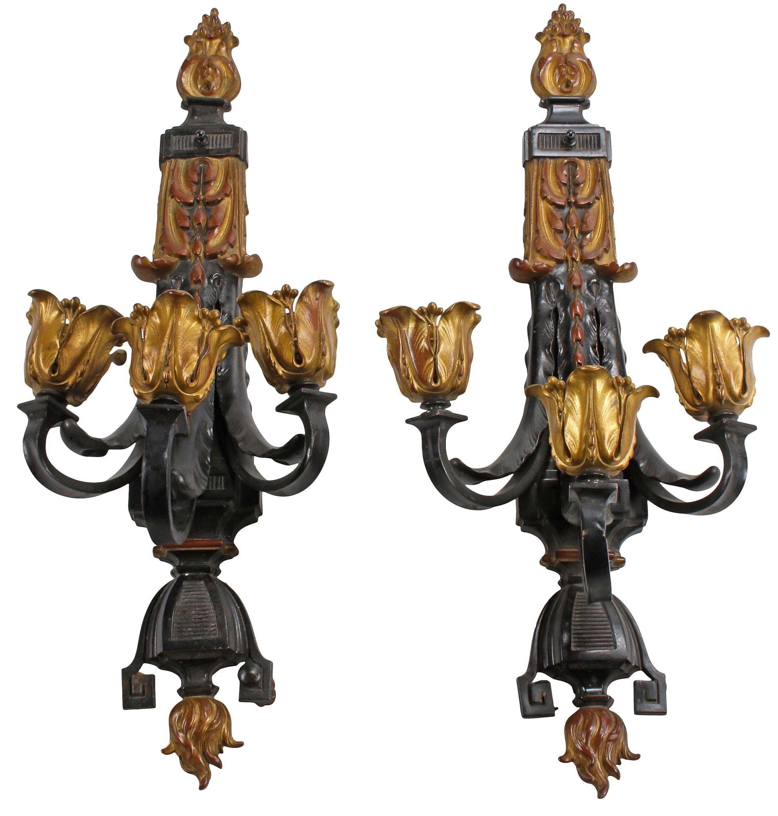 (2) LARGE NEOCLASSICAL STYLE GILT & BLACK PAINTED 3-LIGHT WALL SCONCES: (pair) Large Neoclassical style three-light metal wall sconces, foliated standard with flaming urn terminal, issuing three scrolled arms, in a black and gilt-painted finish, in need of wiring, approx