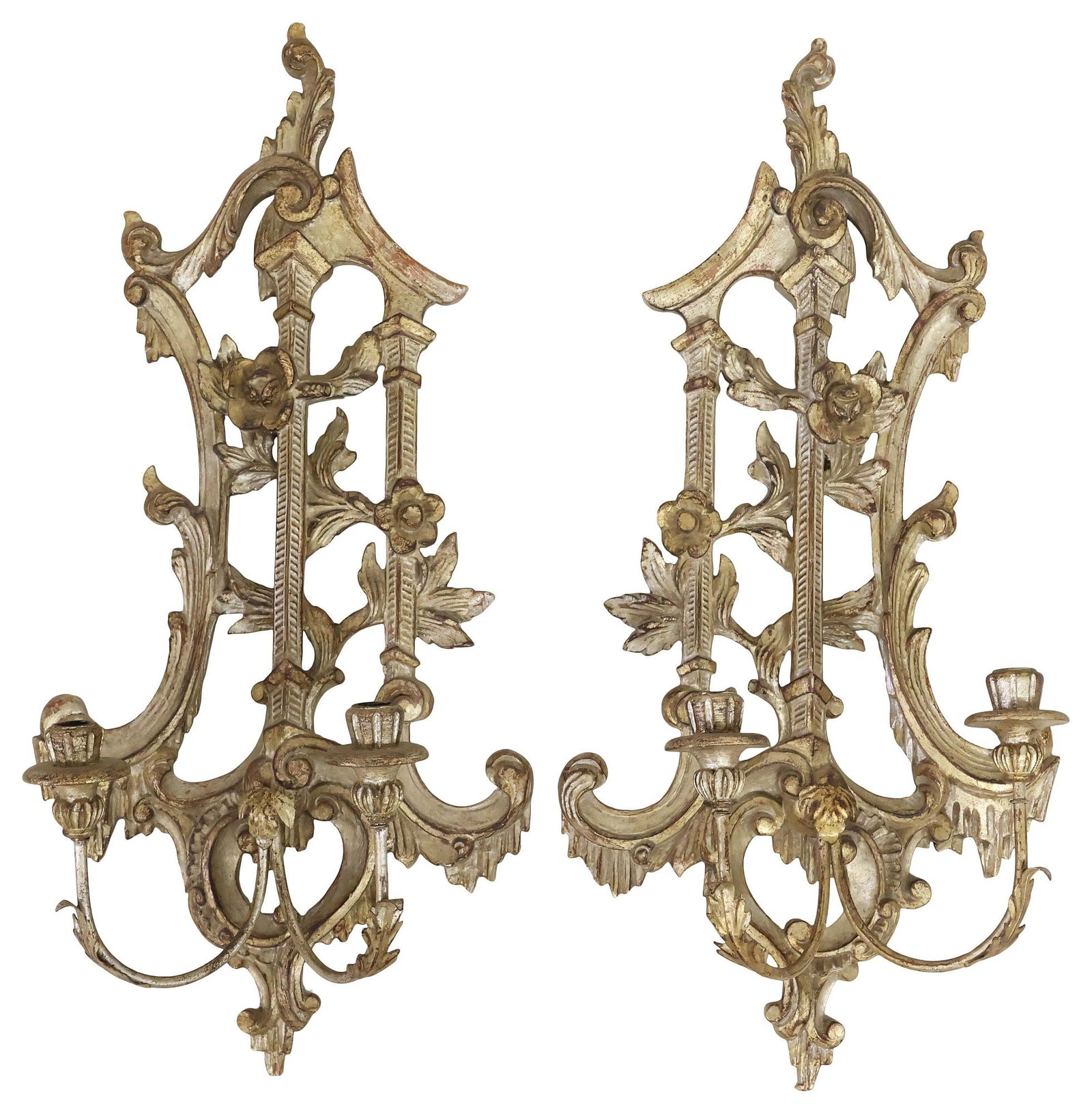 (2) LARGE ROCOCO STYLE CARVED & SILVER GILT WOOD 2-LT WALL SCONCES, 29.25"H (1 of 3)