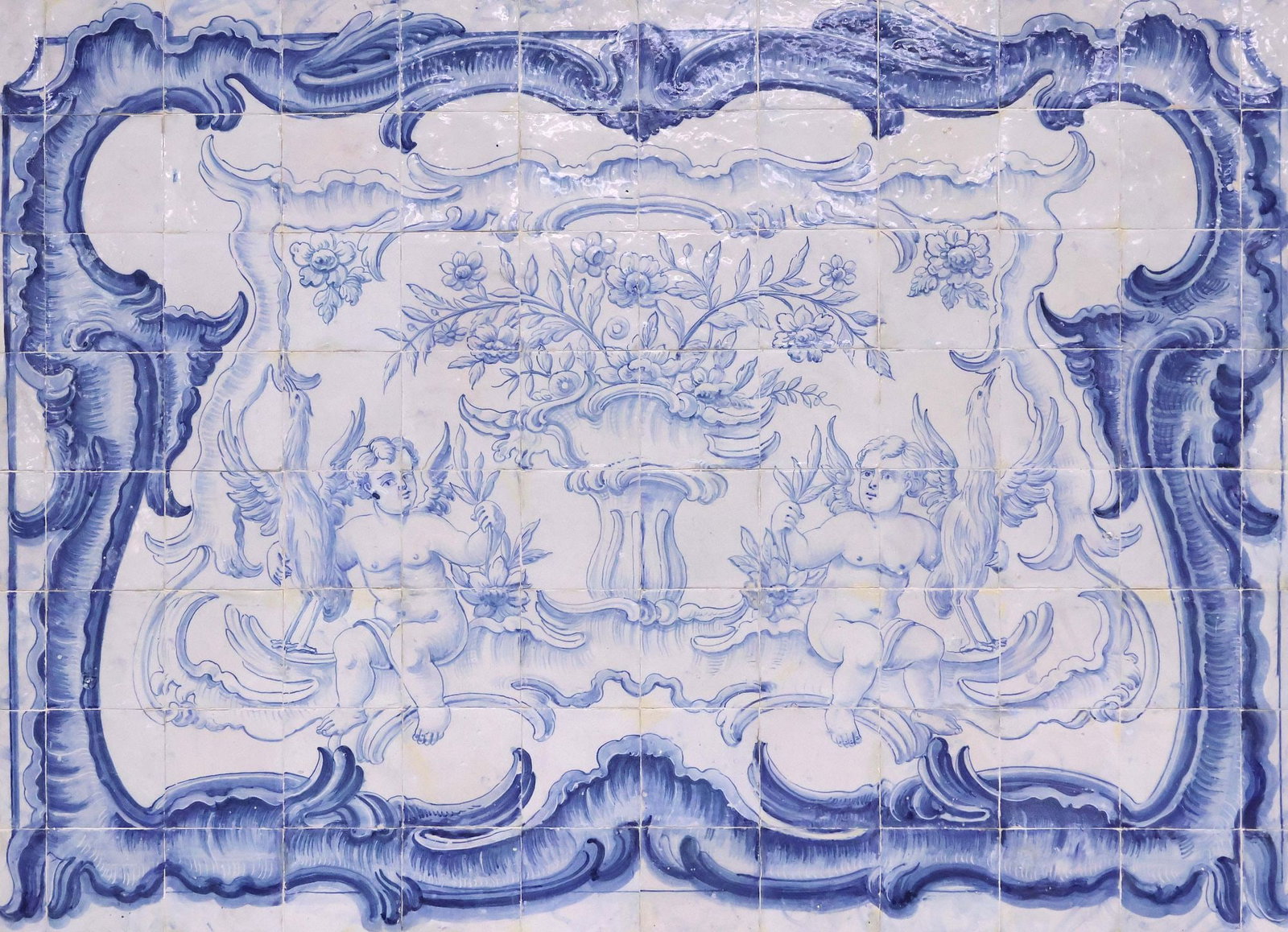 PORTUGUESE 'AZULEJO' CERAMIC TILE MURAL, CELESTIAL CHERUBS, 44.5" X 60.5" (1 of 5)