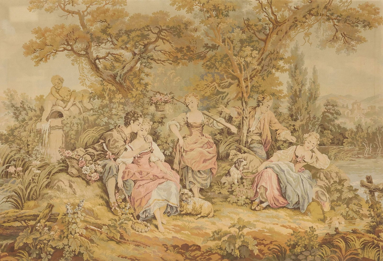 FRENCH AUBUSSON STYLE MACHINE-WOVEN TAPESTRY, ROCOCO SCENE, 53" X 77" (1 of 4)