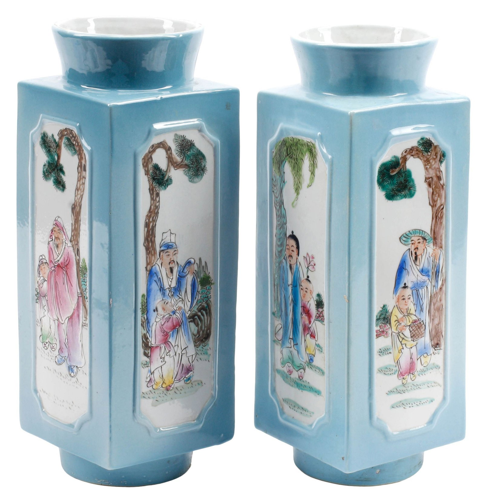(2) CHINESE FAMILLE ROSE BLUE-GROUND PORCELAIN SQUARE VASES (1 of 5)