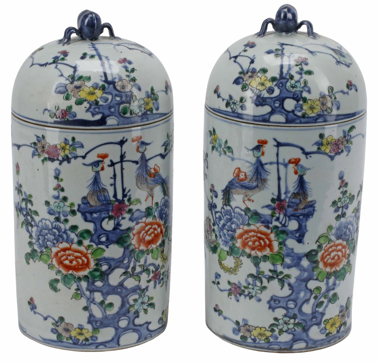 (2) CHINESE POLYCHROME PORCELAIN CYLINDRICAL COVERED JARS (1 of 5)