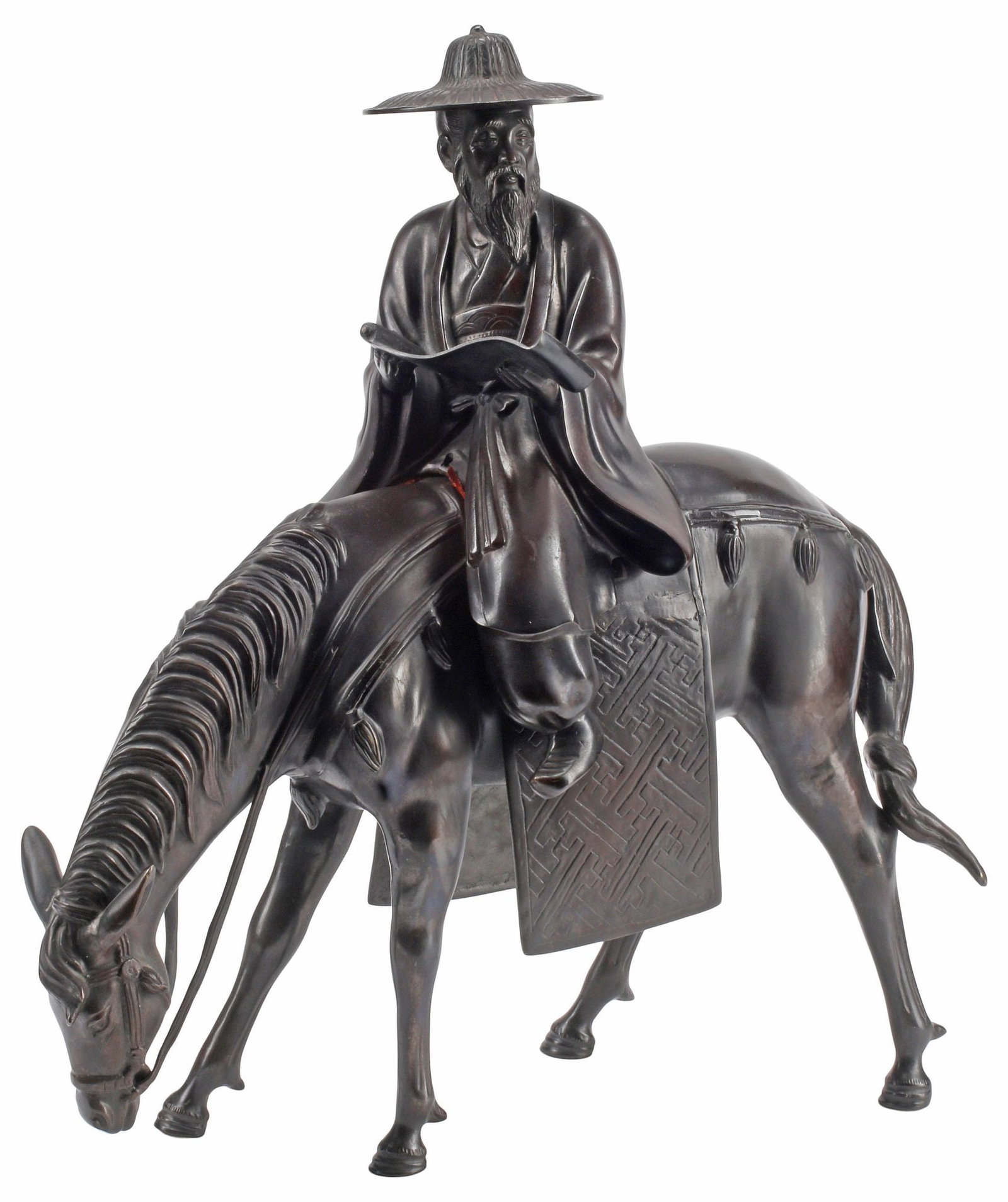 PATINATED BRONZE FIGURAL SCULPTURE, CHINESE SCHOLAR ON HORSEBACK (1 of 5)