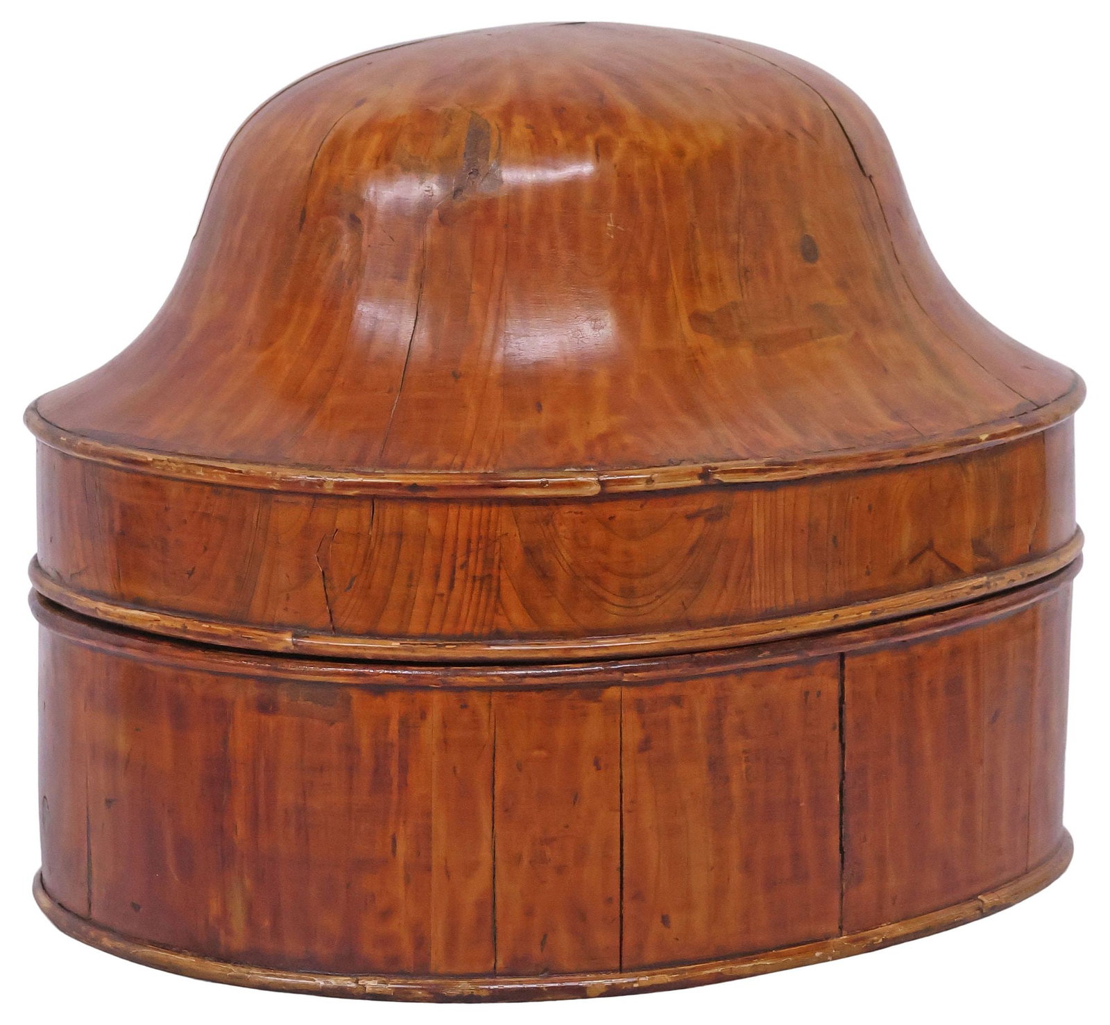 CHINESE BENTWOOD DOMED HAT / STORAGE BOX: Chinese bentwood hat box, of ovular form, with domed cover, calligraphic inscription underfoot, lid intact with stable splits, approx 11"h, 14"w, 10"d, 3.75lbs