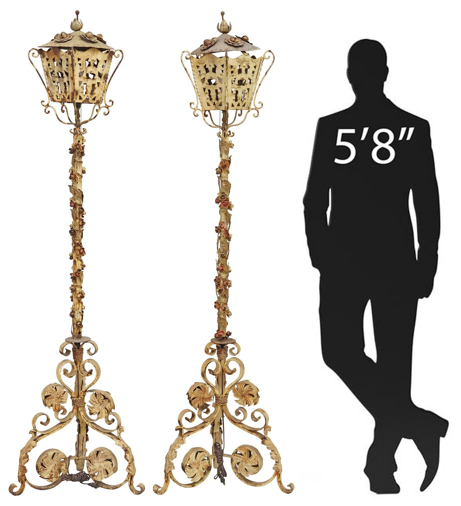 (2) LARGE ITALIAN FLOWERING WROUGHT IRON SINGLE-LIGHT LANTERNS, 73"H (1 of 6)