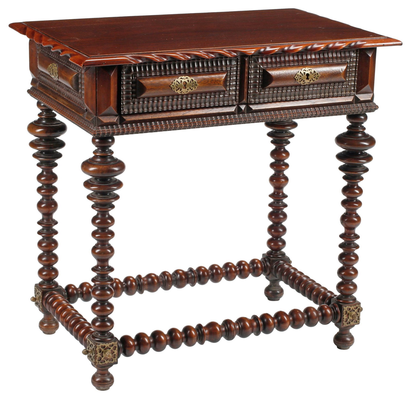 FINE PORTUGUESE BAROQUE STYLE MAHOGANY 2-DRAWER SIDE TABLE (1 of 5)