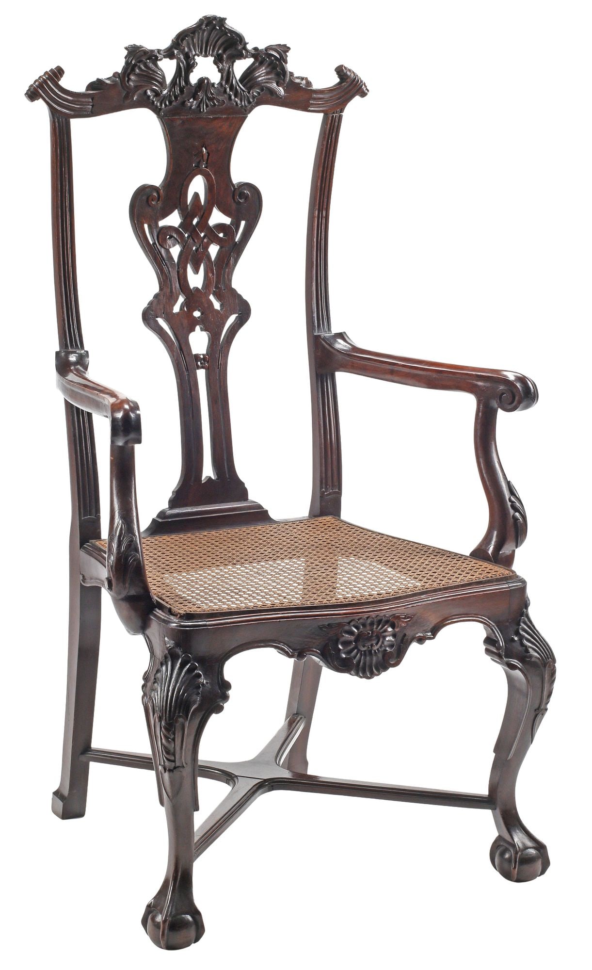 PORTUGUESE BAROQUE STYLE CARVED WOOD CANE-SEAT ARMCHAIR (1 of 5)