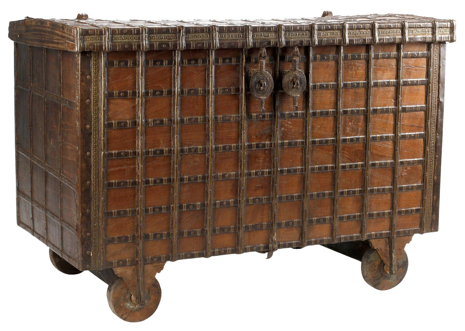LARGE BRONZE & IRON-MOUNTED WOOD DOWRY CHEST ON WHEELS, INDIA (1 of 7)