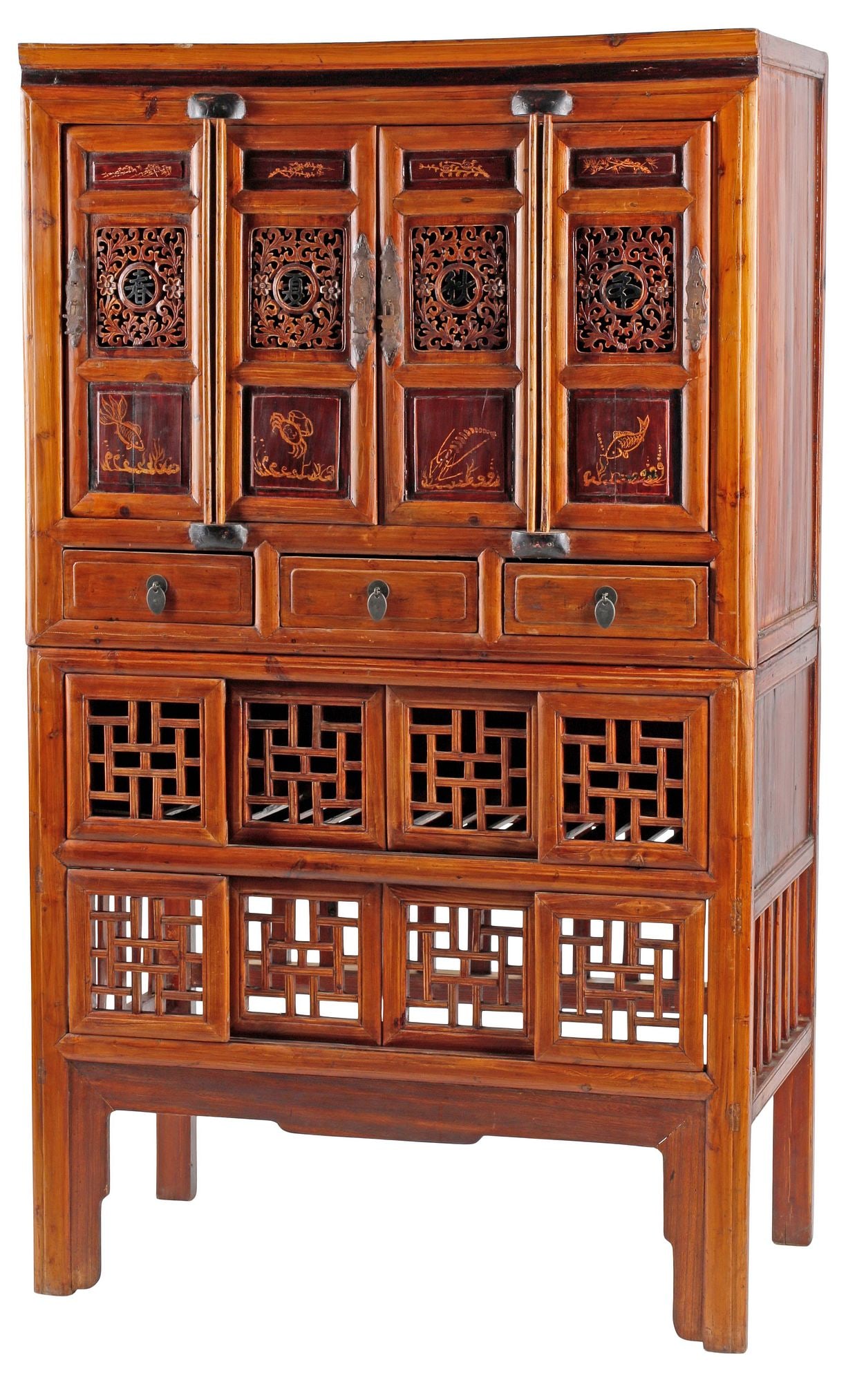 CHINESE CARVED HARDWOOD 2-PART FRETWORK CABINET (1 of 4)