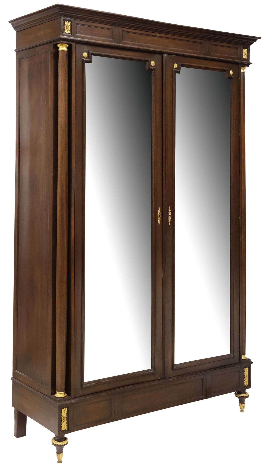 FRENCH LOUIS XVI STYLE MIRRORED MAHOGANY ARMOIRE: French Louis XVI style mahogany armoire, early 20th c., having stepped cornice, over two cabinet doors faced with beveled mirror plates, enclosing adjustable-height shelving, above two interior drawer
