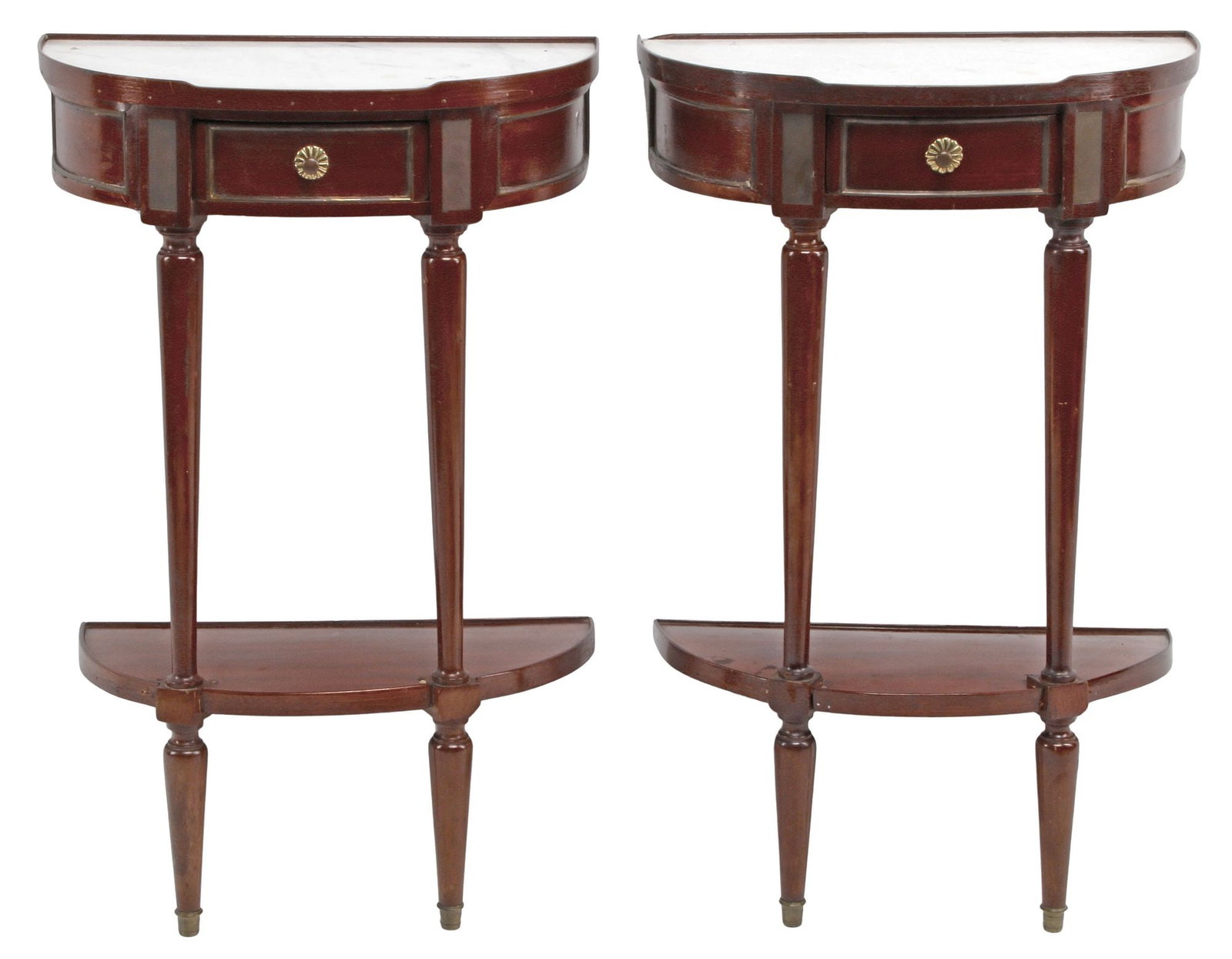 (2) FRENCH DIRECTOIRE STYLE MARBLE-TOP DEMILUNE WALL CONSOLES / SIDE TABLES (1 of 6)