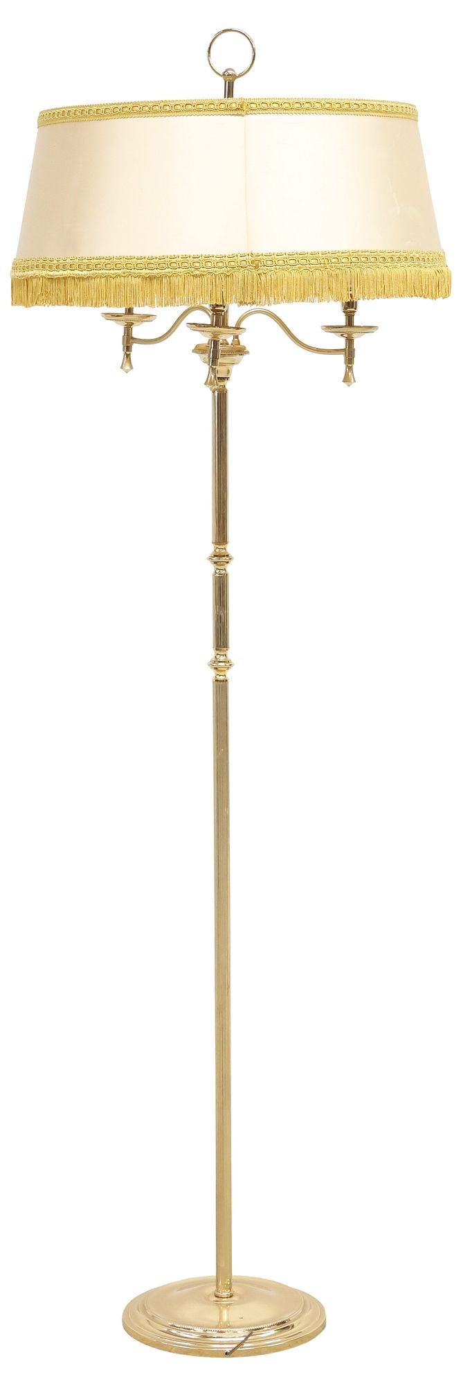 GILT-METAL CANDELABRA-FORM 3-LIGHT FLOOR LAMP & FRINGED SHADE: Gilt-metal three-light candelabra-form floor lamp, 20th c., having turned-form standard issuing three scrolled arms, terminating on faux candles, on circular foot, accompanied by fringed satin drum sh
