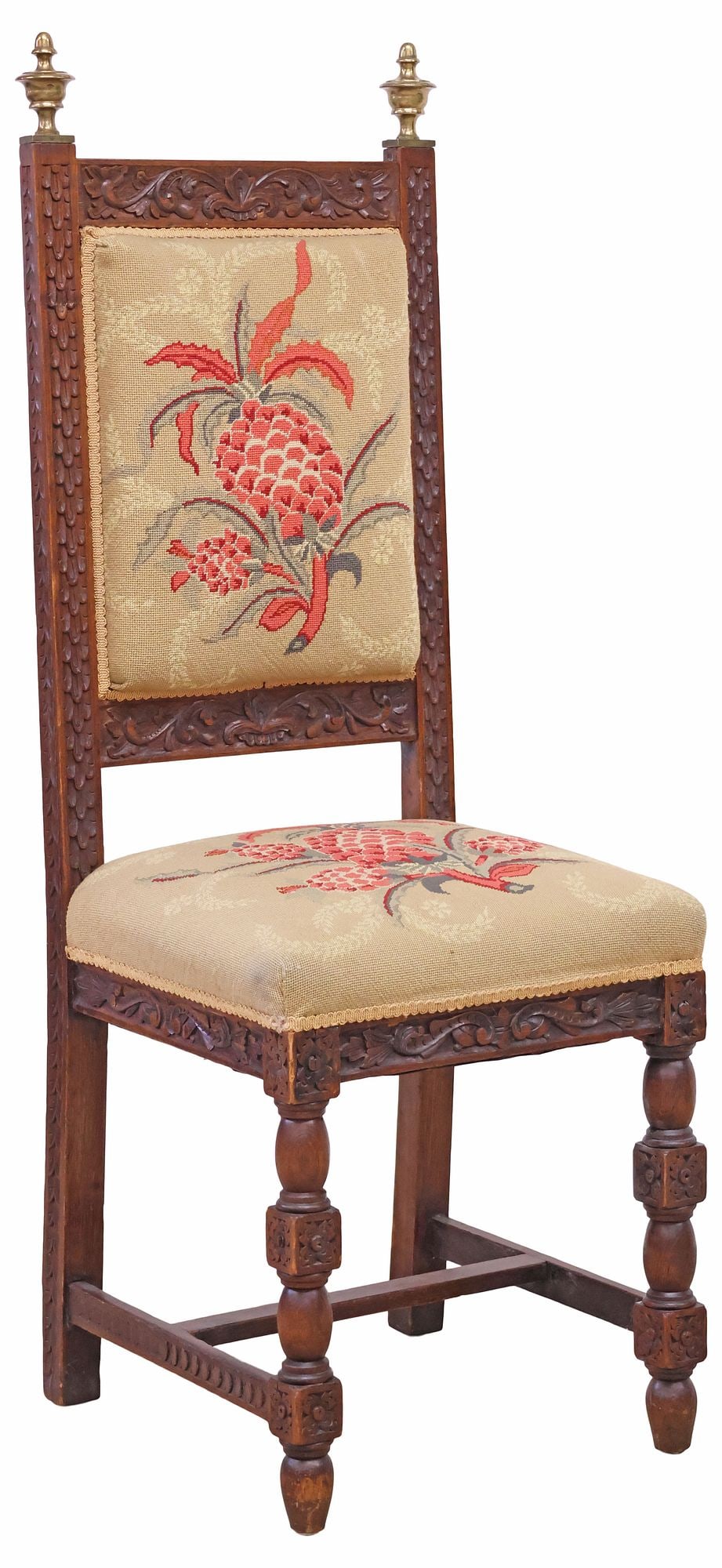 ENGLISH CARVED OAK & PINEAPPLE NEEDLEPOINT UPHOLSTERY SIDE CHAIR (1 of 3)