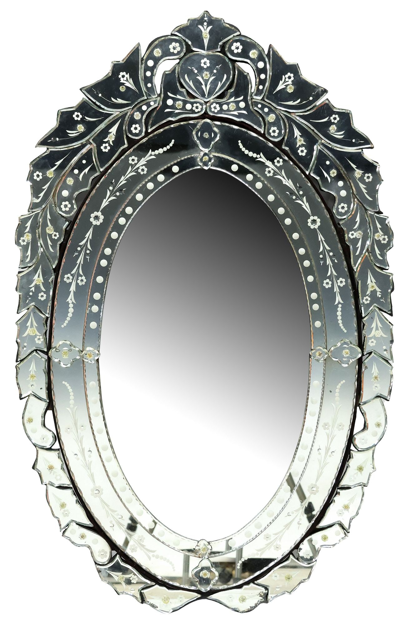 VENETIAN ETCHED & BEVELED GLASS OVAL WALL MIRROR (1 of 3)
