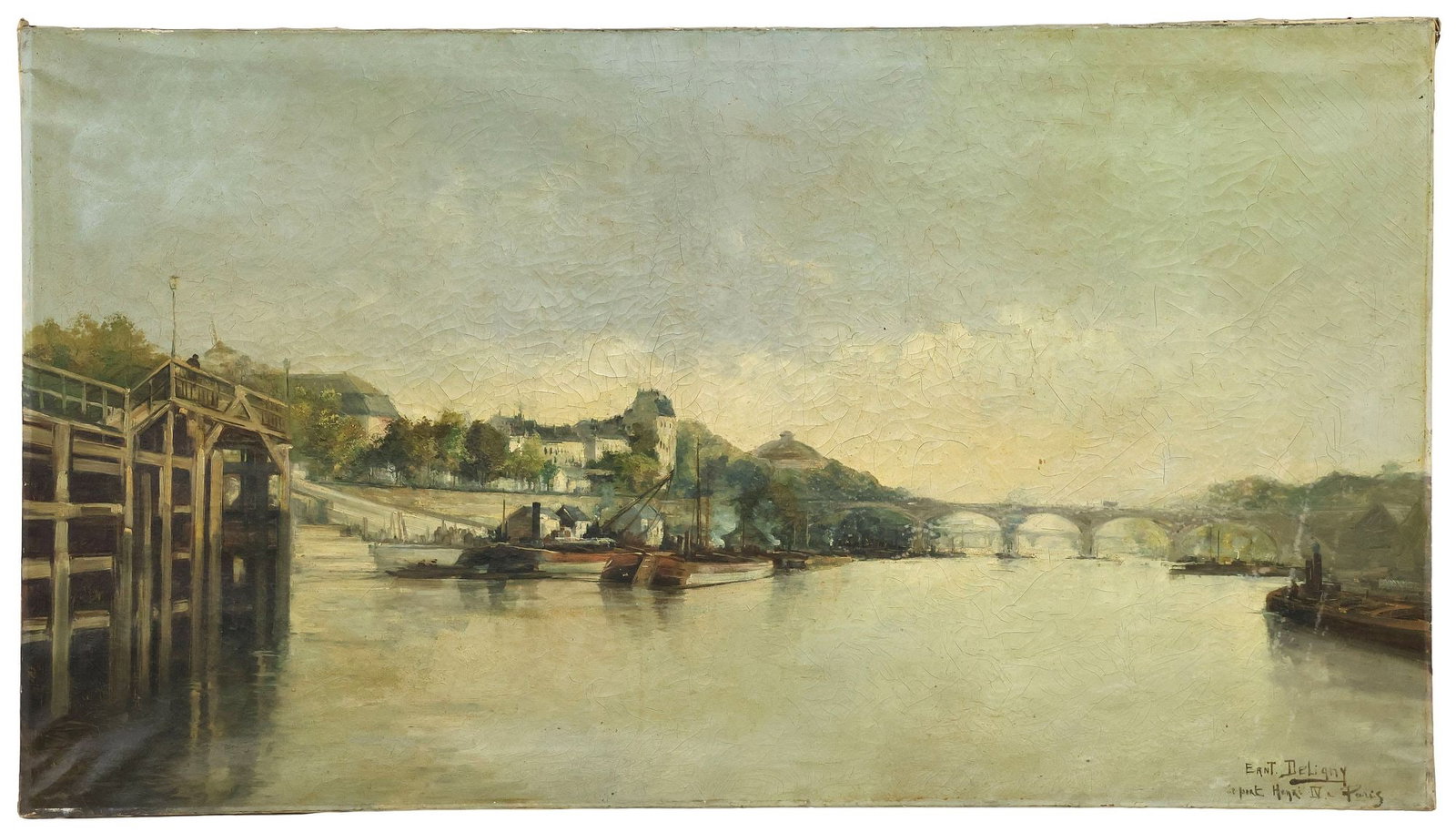 FRENCH SCHOOL PARISIAN LANDSCAPE PAINTING FROM THE HENRI IV BRIDGE (1 of 3)