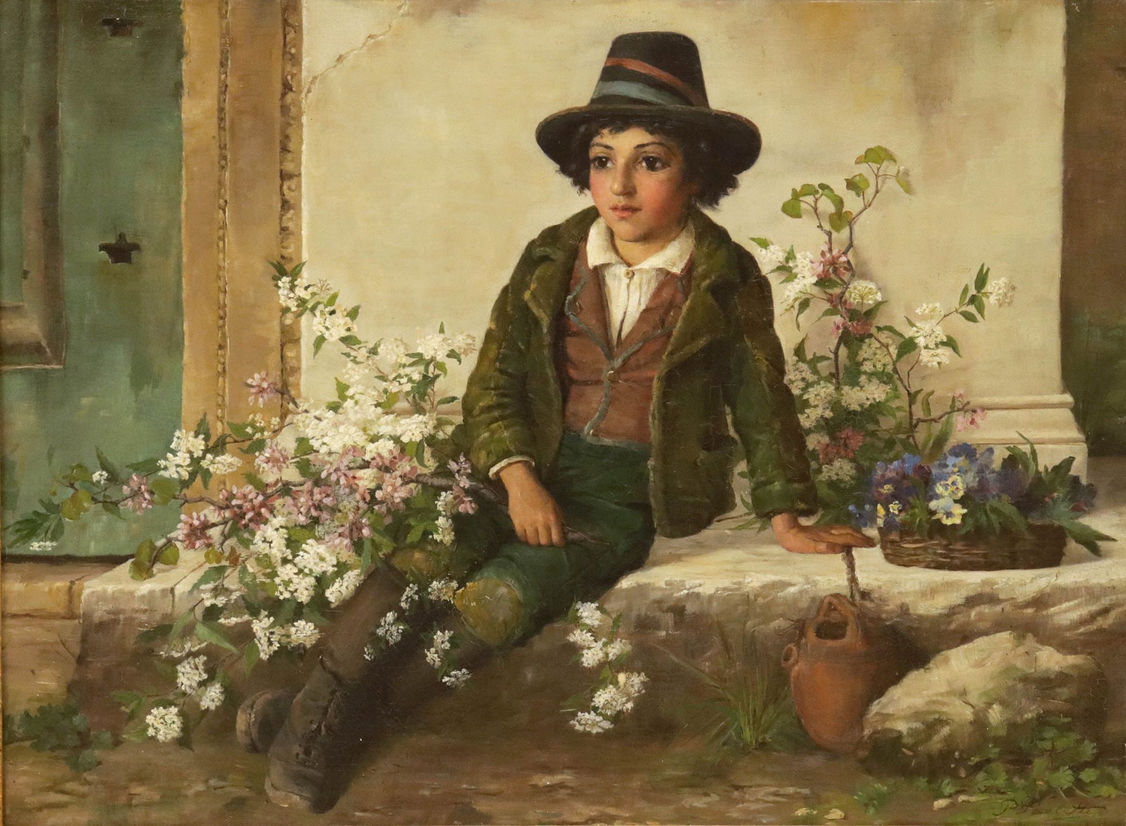 SIGNED P. PAOLETTI ITALIAN SCHOOL OIL PAINTING, YOUNG BOY WITH FLOWERS (1 of 4)