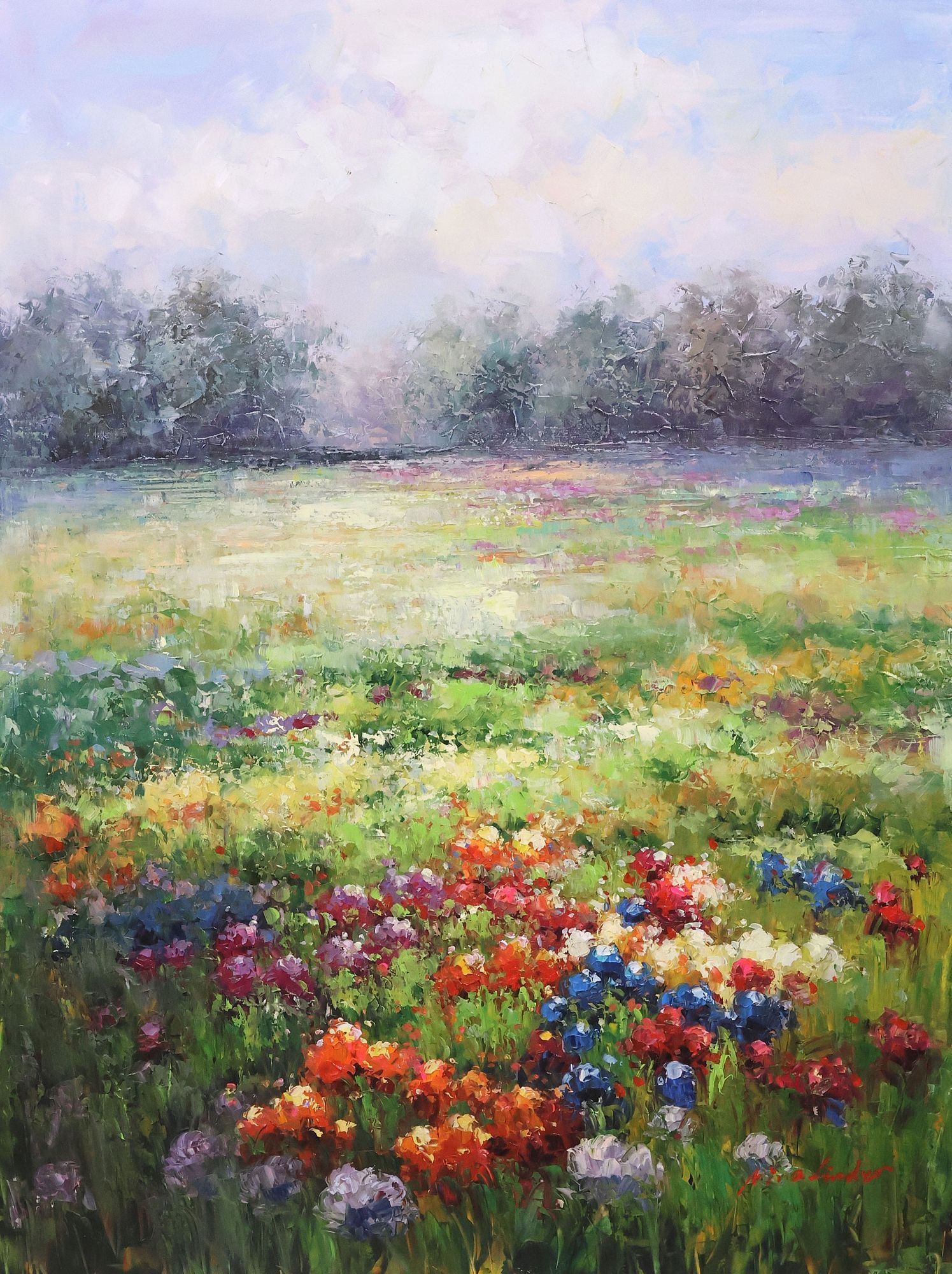 NINA LINDER (20TH C.) LANDSCAPE OIL PAINTING, FIELD OF FLOWERS, 57" X 44" (1 of 4)