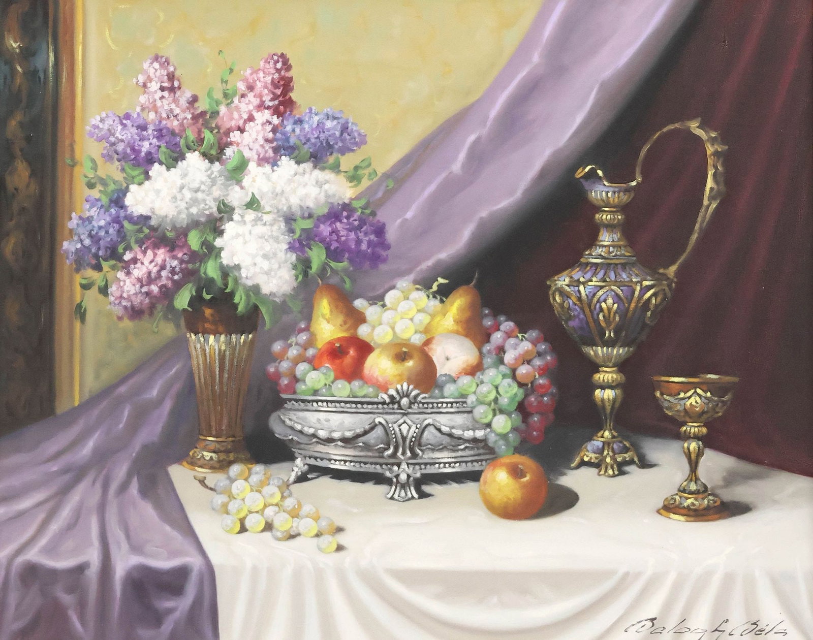 BELA BALOGH (1909-1980) OIL PAINTING, STILL LIFE WITH LILACS & FRUIT (1 of 4)
