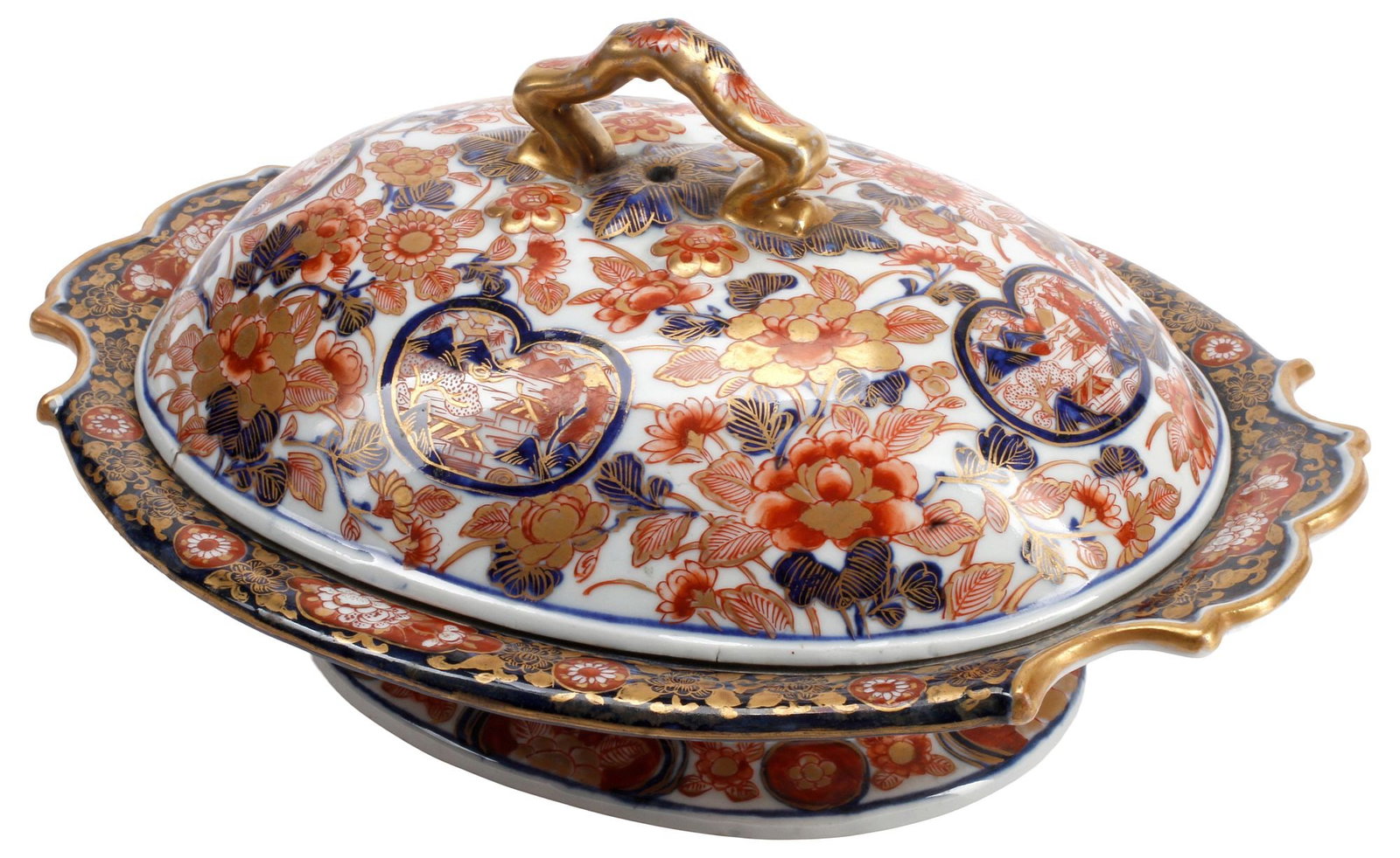 IMARI PALETTE PARCEL-GILT PORCELAIN COVERED TUREEN: Imari palette porcelain tureen with cover, having fixed gilt handle, above domed cover and shaped dish, with multi-character mark underfoot, overall: approx 7"h, 12.5"w, 10"d, 5.25lbs