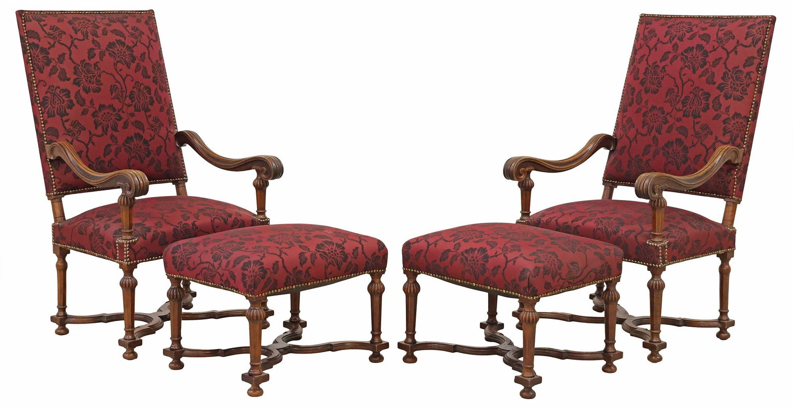 (4) FRENCH LOUIS XIV STYLE UPHOLSTERED MAHOGANY ARMCHAIRS & OTTOMANS (1 of 8)