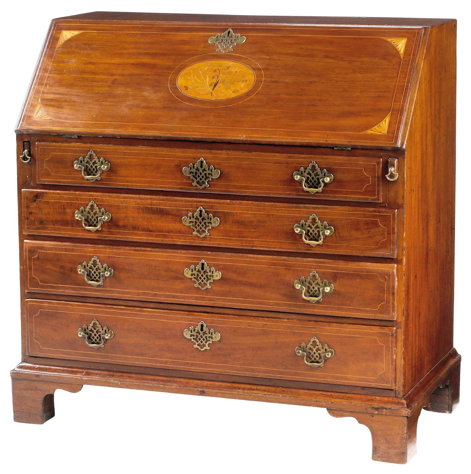 ENGLISH GEORGIAN PERIOD MARQUETRY & MAHOGANY SLANT-FRONT BUREAU (1 of 6)