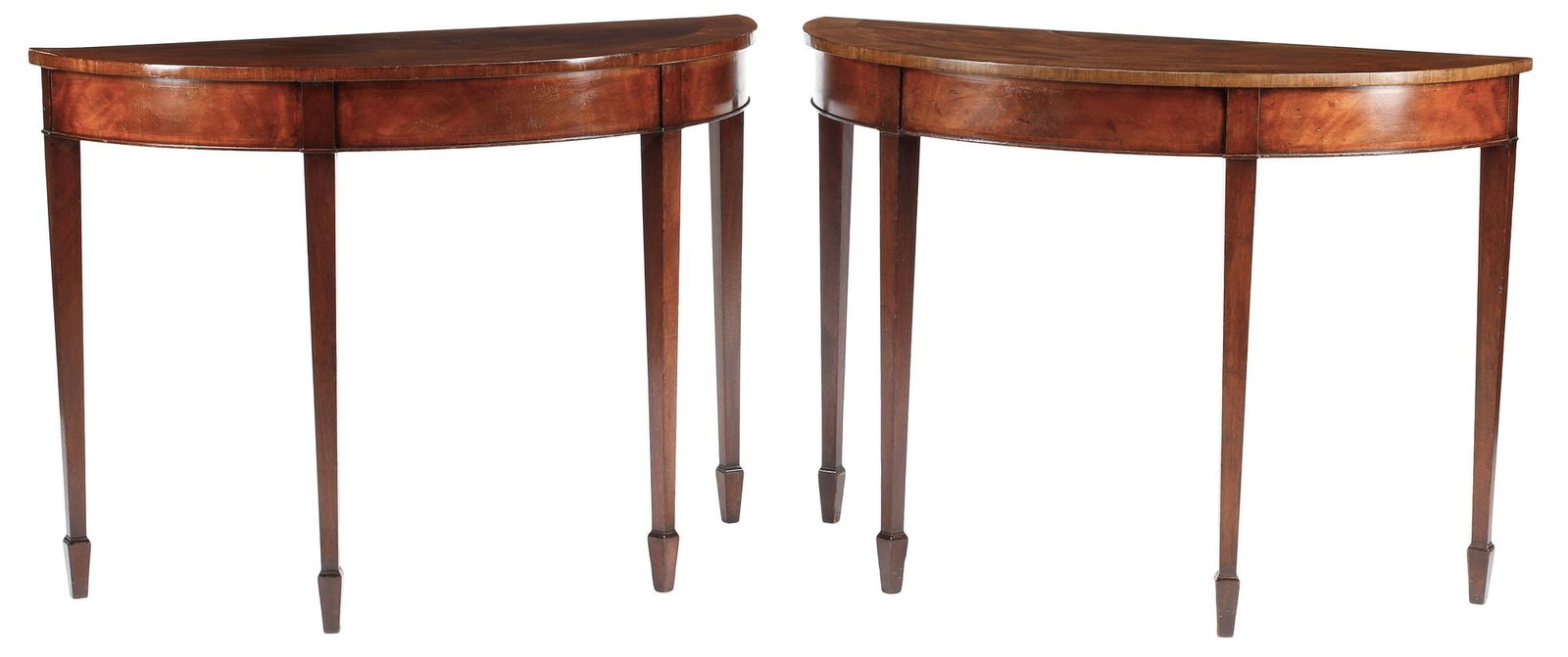 (2) GEORGIAN STYLE MAHOGANY & MARQUETRY DEMILUNE CONSOLE TABLES (1 of 5)