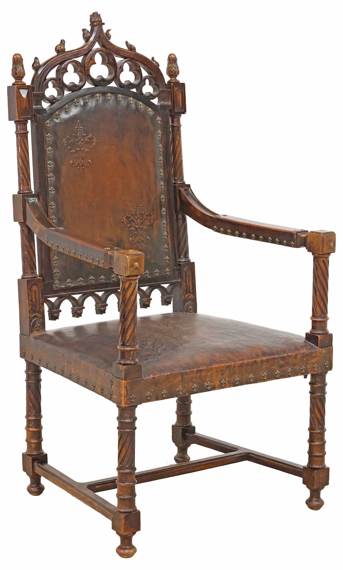 FRENCH GOTHIC REVIVAL CARVED OAK & LEATHER THRONE CHAIR (1 of 5)