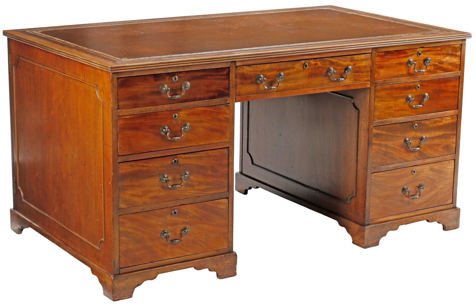 ENGLISH GEORGE III LEATHER-TOP MAHOGANY PARTNERS DESK: English George III mahogany partners' desk, 19th c., rectangular gilt-embossed leather top, over central drawer, flanked by two banks of four drawers, on bracket feet, finished on all sides, appro