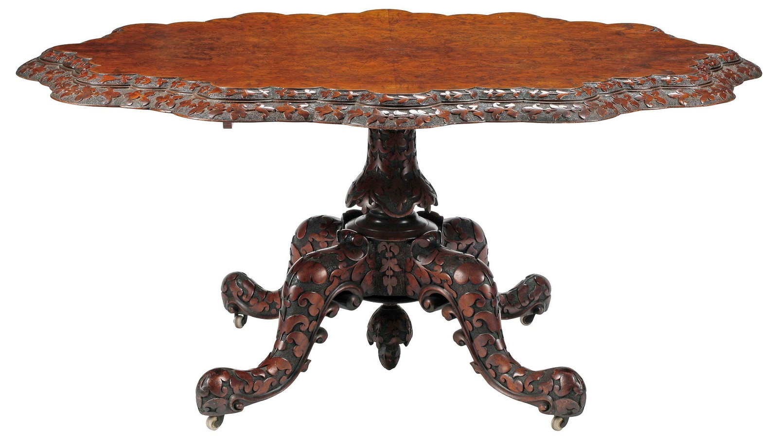 LARGE ENGLISH WILLIAM IV STYLE HIGHLY-CARVED BURLWOOD CENTER TABLE (1 of 6)