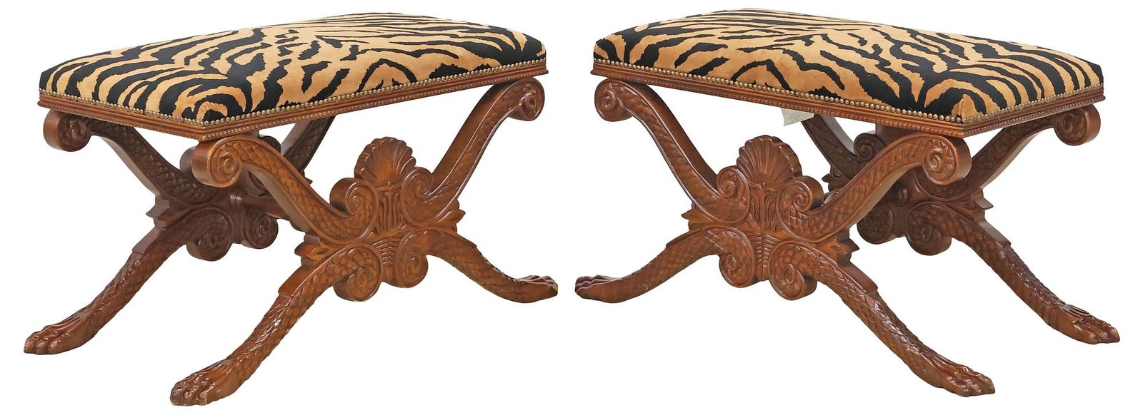(2) NEOCLASSICAL STYLE MAHOGANY CURULE UPHOLSTERED BENCHES (1 of 5)