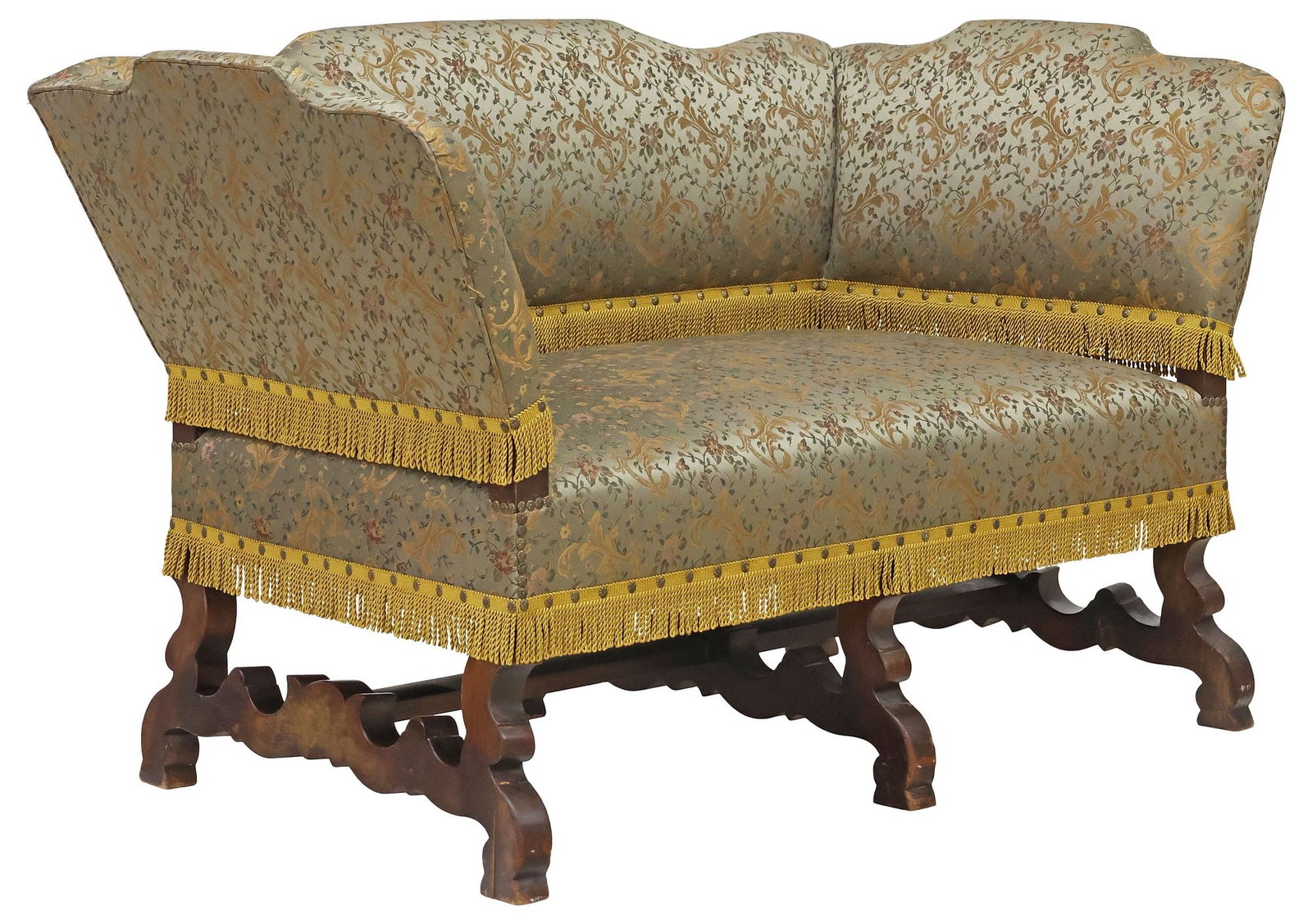 BAROQUE STYLE SILK-UPHOLSTERED & CARVED TRESTLE SOFA / SETTEE (1 of 4)