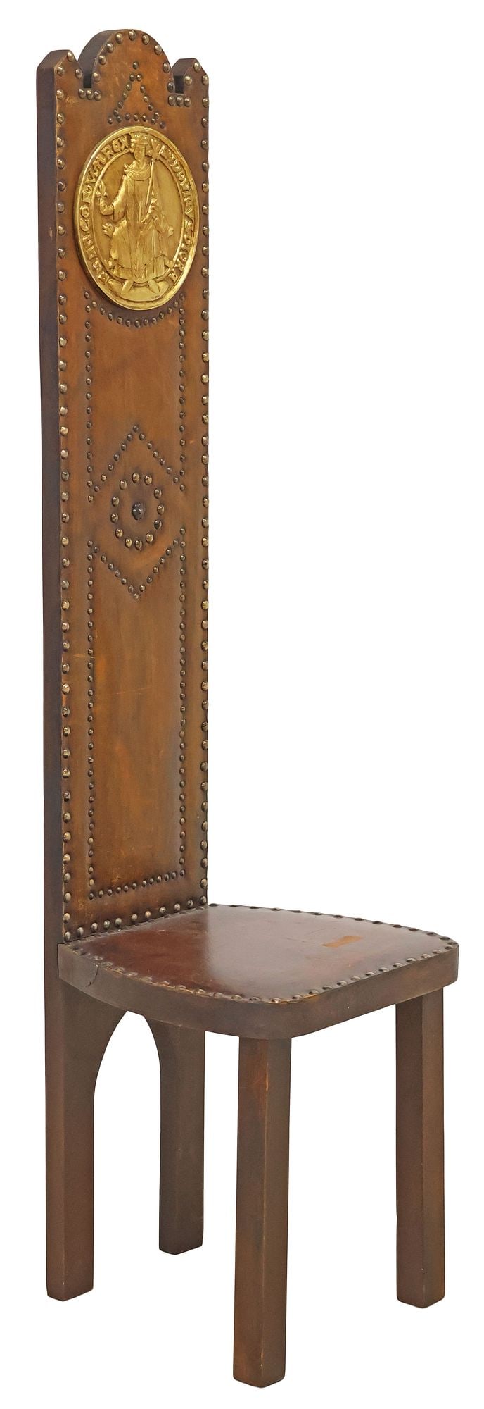 MEDIEVAL STYLE LEATHER-CLAD 'SEAL OF MAJESTY' HALL CHAIR, 59"H (1 of 4)