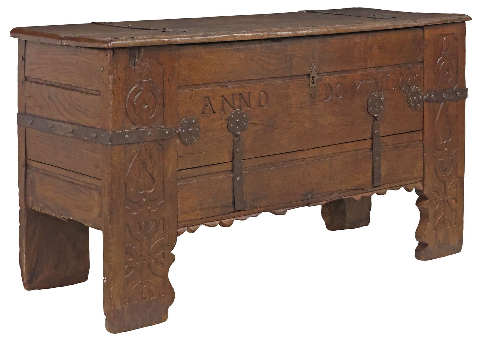 LARGE GERMAN IRON-BOUND CARVED OAK STOLLENTRUHE CHEST, 69"L (1 of 6)